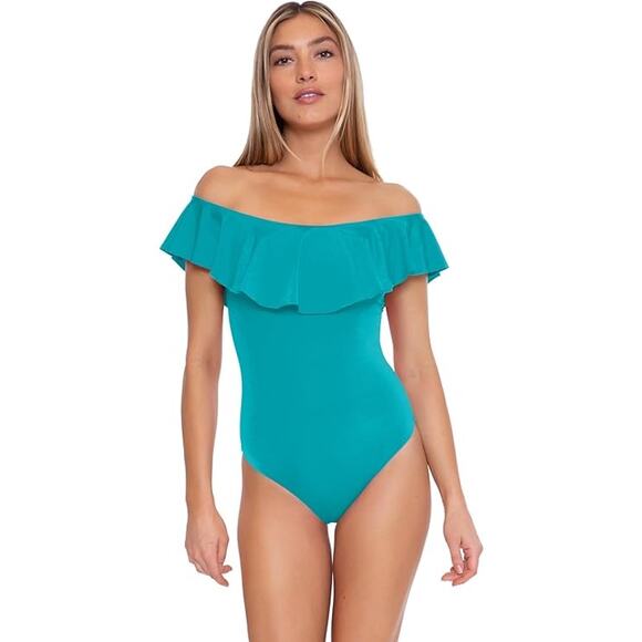 Trina Turk Monaco Off the Shoulder Ruffle One-Piece Swimsuit - Size 8 - Picture 1 of 4